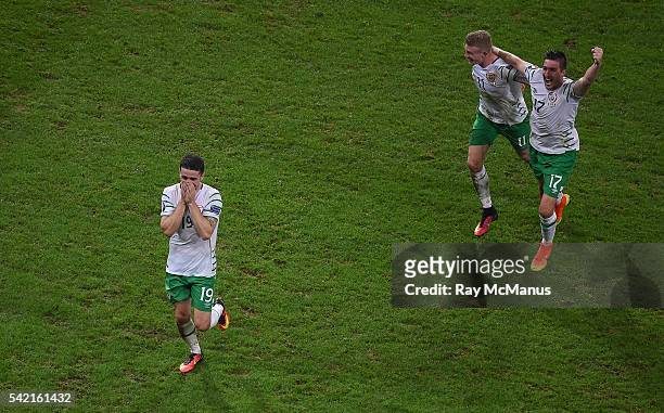Lille , France - 22 June 2016; Republic of Ireland players, left to right, Robbie Brady, James McClean, and Stephen Ward celebrate to the supporters...