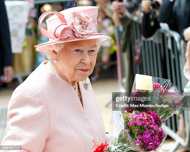 Queen Elizabeth II arrives at Liverpool Lime railway station after disembarking the Royal Train on June 22, 2016 in Liverpool, England.