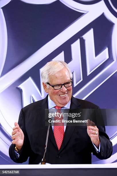 New Las Vegas NHL franchise owner Bill Foley addresses the media during the Board Of Governors Press Conference prior to the 2016 NHL Awards at...