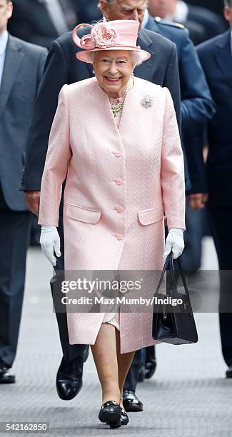 Queen Elizabeth II walks down the platform of Liverpool Lime railway station after disembarking the Royal Train on June 22, 2016 in Liverpool,...