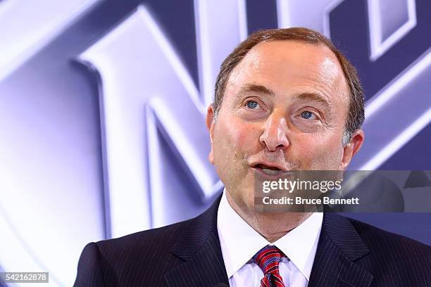 Commissioner Gary Bettman of the National Hockey League addresses the media during the Board Of Governors Press Conference prior to the 2016 NHL...