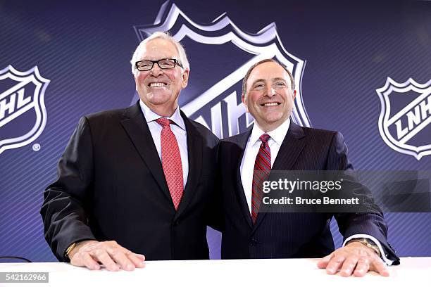 New Las Vegas NHL franchise owner Bill Foley and commissioner Gary Bettman of the National Hockey League pose for a photo during the Board of...