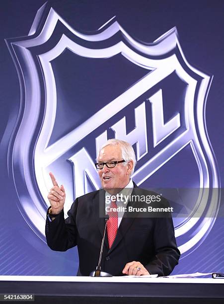 New Las Vegas NHL franchise owner Bill Foley addresses the media during the Board of Governors Press Conference prior to the 2016 NHL Awards at...