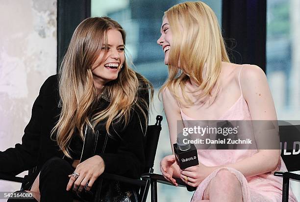 Abbey Lee and Elle Fanning attend AOL Build to discuss the film 'The Neon Demon' at AOL Studios on June 22, 2016 in New York City.