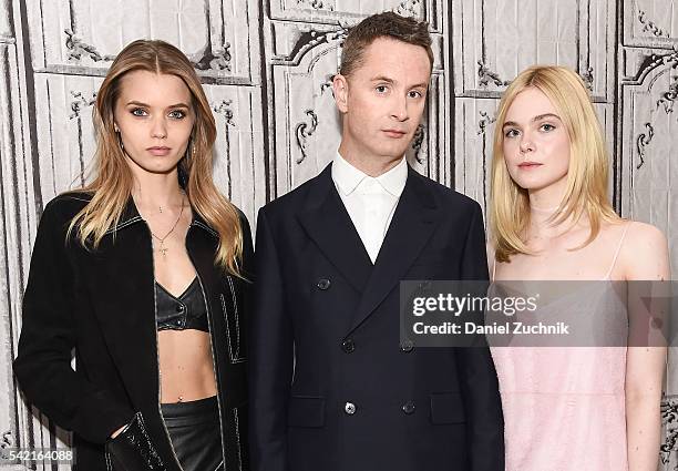 Abbey Lee, Nicolas Winding Refn and Elle Fanning attend AOL Build to discuss the film 'The Neon Demon' at AOL Studios on June 22, 2016 in New York...