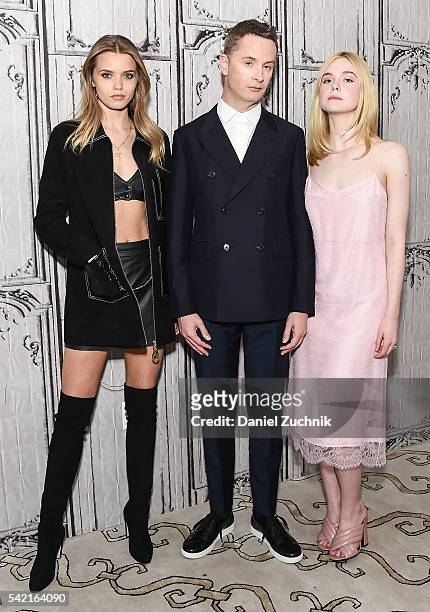 Abbey Lee, Nicolas Winding Refn and Elle Fanning attend AOL Build to discuss the film 'The Neon Demon' at AOL Studios on June 22, 2016 in New York...