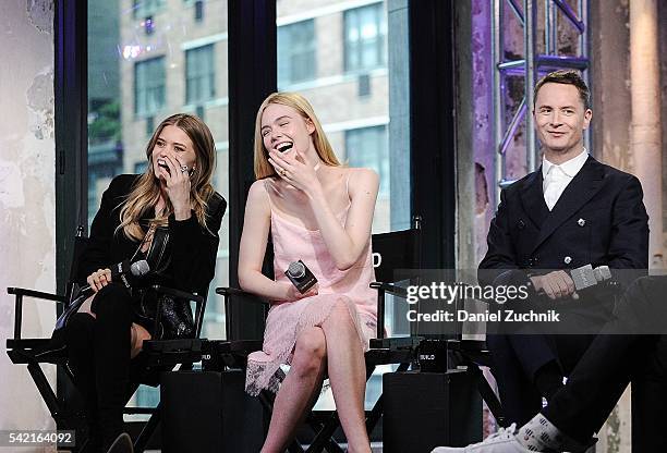 Abbey Lee, Elle Fanning and director Nicolas Winding Refn attend AOL Build to discuss the film 'The Neon Demon' at AOL Studios on June 22, 2016 in...