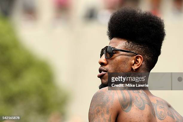 Iman Shumpert of the Cleveland Cavaliers looks on during the Cleveland Cavaliers 2016 NBA Championship victory parade and rally on June 22, 2016 in...