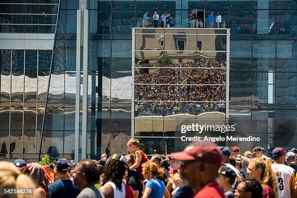 Cleveland fans celebrate during the Cleveland Cavaliers 2016 NBA Championship victory parade and rally on June 22, 2016 in Cleveland, Ohio. The...