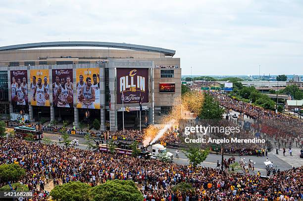 Cleveland fans celebrate during the Cleveland Cavaliers 2016 NBA Championship victory parade and rally on June 22, 2016 in Cleveland, Ohio. The...