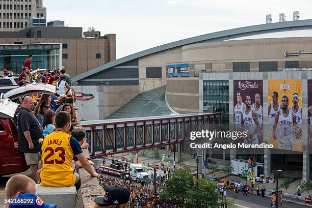 Cleveland fans celebrate during the Cleveland Cavaliers 2016 NBA Championship victory parade and rally on June 22, 2016 in Cleveland, Ohio. The...
