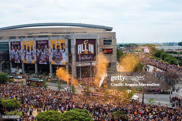 Cleveland fans celebrate during the Cleveland Cavaliers 2016 NBA Championship victory parade and rally on June 22, 2016 in Cleveland, Ohio. The...