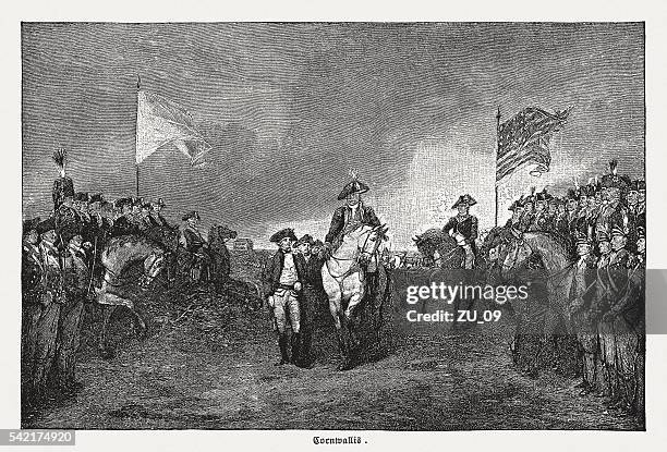 surrender of lord cornwallis at yorktown, 1781, published in 1884 - surrendering stock illustrations