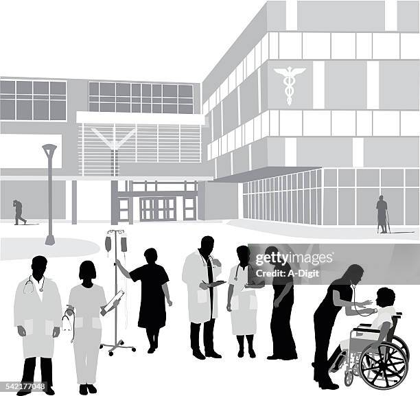 krankenhaus eingang und gäste - black silhouette of doctors stock-grafiken, -clipart, -cartoons und -symbole