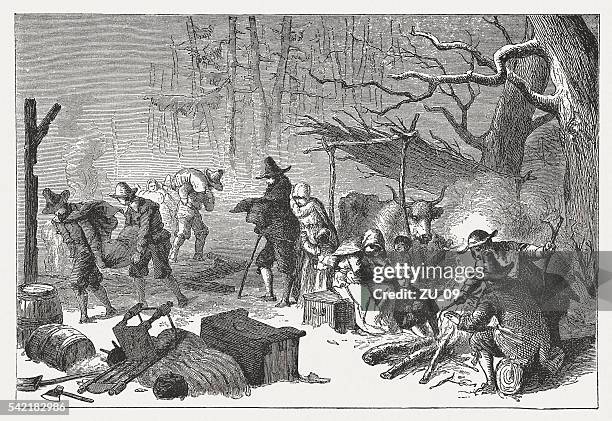 stockillustraties, clipart, cartoons en iconen met english settlers in america, 1st half 17th century, published 1884 - new england verenigde staten