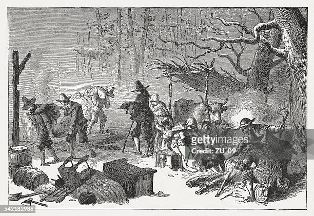 english settlers in america, 1st half 17th century, published 1884 - human settlement 幅插畫檔、美工圖案、卡通及圖標