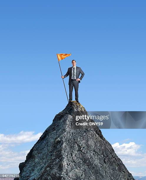 businessman planting a flag on top of mountain - vlag planten stockfoto's en -beelden