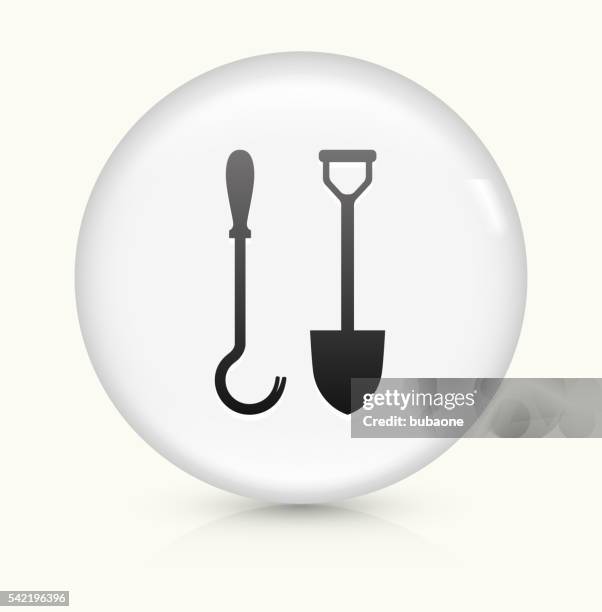 rake and shovel icon on white round vector button - cutting grass stock illustrations