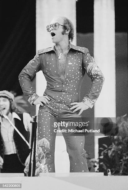 English singer-songwriter Elton John performing at the 'Midsummer Music' one-day festival at Wembley Stadium, London, 21st June 1975. John performed...