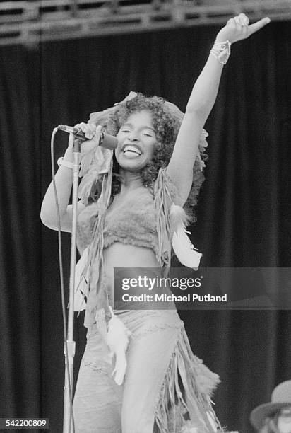 Singer Chaka Khan performing with American funk band Rufus, at the 'Midsummer Music' one-day festival at Wembley Stadium, London, 21st June 1975.