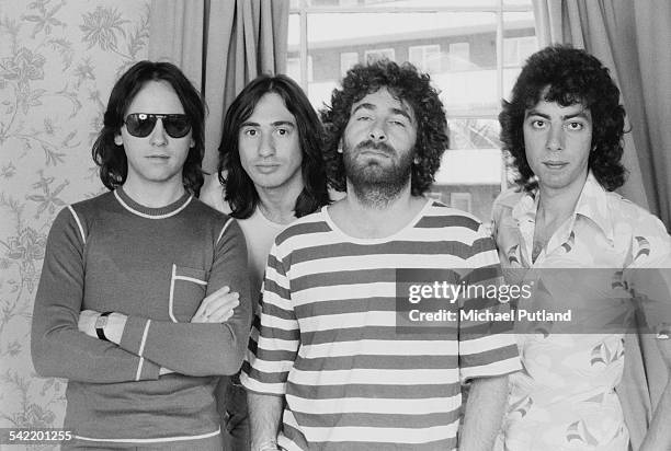 English rock band 10cc, July 1975. Left to right: Eric Stewart, Lol Creme, Kevin Godley and Graham Gouldman.