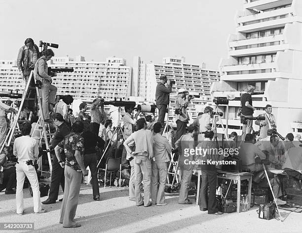 Photographers gather after the Munich massacre, during the 1972 Olympic Games in Munich, West Germany, September 1972. Eleven members of the Israeli...
