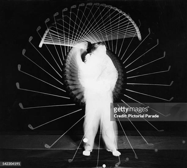 Multiple flash photo of American amateur golfer Bobby Jones making a complete drive, circa 1930. The time interval between pictures is 1/100th of a...