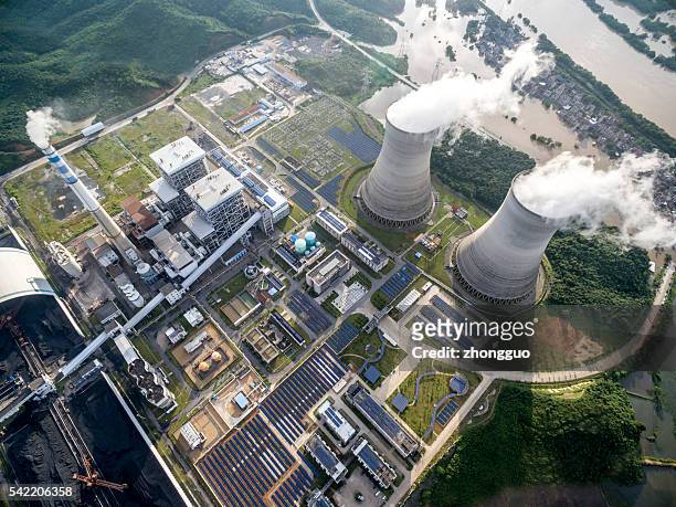 aerial power plant - burning coal stock pictures, royalty-free photos & images