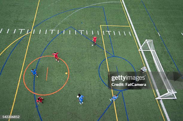 una base aérea vista mirando hacia abajo en el campo de fútbol - fat goalkeeper fotografías e imágenes de stock