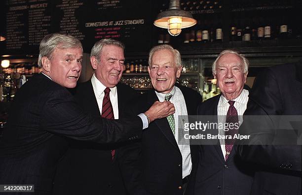 From left to right, American broadcast journalists Tom Brokaw, Dan Rather, Bob Schieffer and Walter Cronkite attending a book-signing party for Bob...