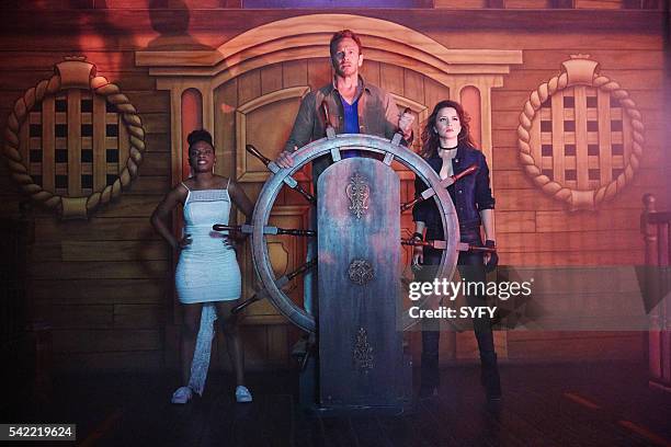 Pictured: Imani Hakim as Gabrielle, Ian Ziering as Fin Shepard, Masiela Lusha as Gemini --