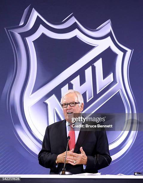 New Las Vegas NHL franchise owner Bill Foley addresses the media during the Board of Governors Press Conference prior to the 2016 NHL Awards at...