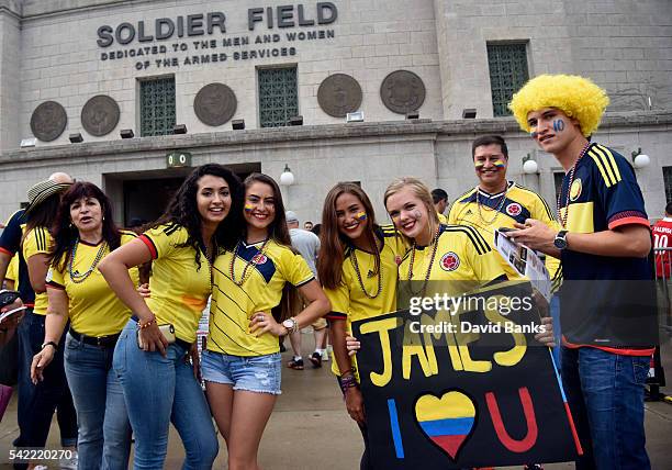 Fans of Colombia pose for photos before a Semifinal match between Colombia and Chile at Soldier Field as part of Copa America Centenario US 2016 on...