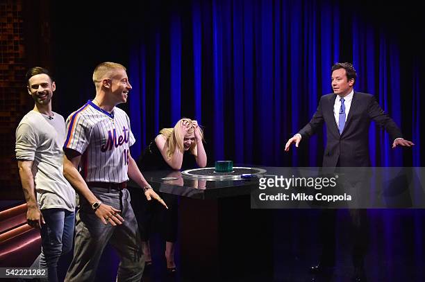 Ryan Lewis, Rapper Macklemore, Actress Elle Fanning, and Comedian/host Jimmy Fallon play a game on"The Tonight Show Starring Jimmy Fallon" at...