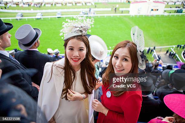 Socialite Wendy Yu , Sabrina Ho, daughter of Macau billionaire Stanley Ho, attend day 5 of Royal Ascot at Ascot Racecourse on June 19, 2016 in Ascot,...