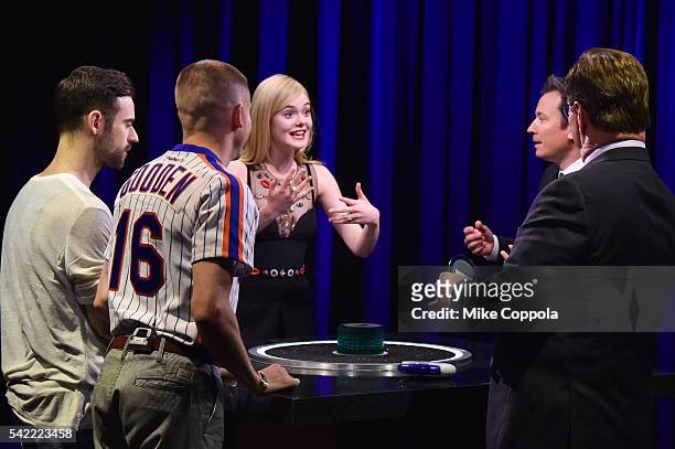 Ryan Lewis, Rapper Macklemore, Actress Elle Fanning, Comedian/host Jimmy Fallon, and Steve Higgins play a game on"The Tonight Show Starring Jimmy...