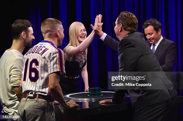 Ryan Lewis, Rapper Macklemore, Actress Elle Fanning, Steve Higgins and Comedian/host Jimmy Fallon play a game on"The Tonight Show Starring Jimmy...