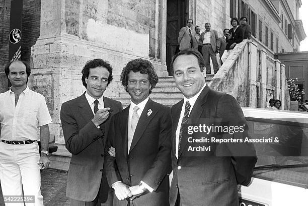 Italian actor and director Carlo Verdone and Italian actor Enrico Montesano at the wedding of Rita Rusic with Italian producer Vittorio Cecchi Gori....