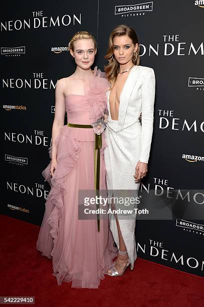 Elle Fanning and Abbey Lee attend the "The Neon Demon" New York premiere at Metrograph on June 22, 2016 in New York City.