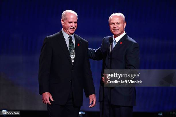 Marty and Mark Howe speak onstage to pay tribute to their late father Gordie Howe during the 2016 NHL Awards at The Joint inside the Hard Rock Hotel...