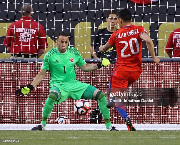 Charles Aranguiz of Chile scores a goal past David Ospina of Colombia during a semi-final match in the 2016 Copa America Centernario at Soldier Field...