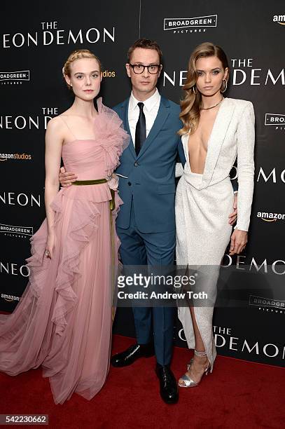 Elle Fanning, Nicolas Winding Refn and Abbey Lee attends the "The Neon Demon" New York premiere at Metrograph on June 22, 2016 in New York City.