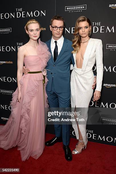 Elle Fanning, Nicolas Winding Refn and Abbey Lee attends the "The Neon Demon" New York premiere at Metrograph on June 22, 2016 in New York City.