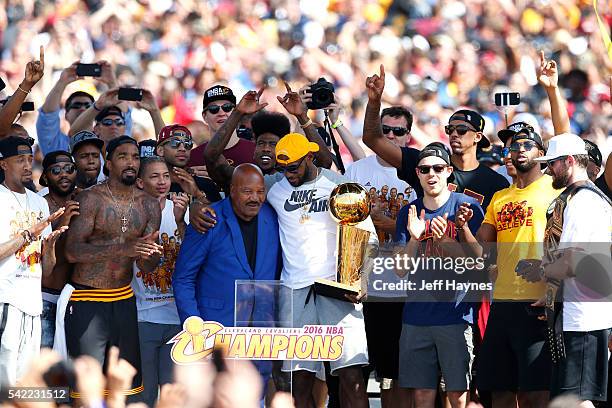 The Cleveland Cavaliers celebrate their victory of the 2016 NBA Finals with Jim Brown during the Cleveland Cavaliers Victory Parade And Rally on June...