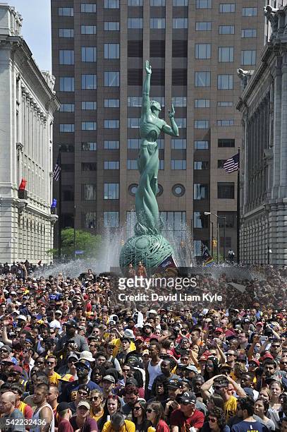 Cleveland Cavaliers fans celebrate during the Cleveland Cavaliers Victory Parade And Rally on June 22, 2016 in downtown Cleveland, Ohio. NOTE TO...