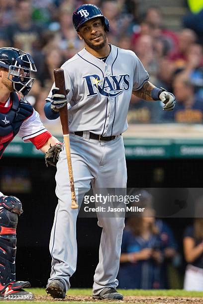 Desmond Jennings of the Tampa Bay Rays reacts after striking out during the seventh inning against the Cleveland Indians at Progressive Field on June...