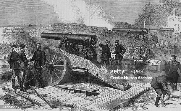 An entrenched Prussian siege artillery battery sighting it's guns on Paris at the siege of Paris during the Franco-Prussian War on 1 October 1870 at...