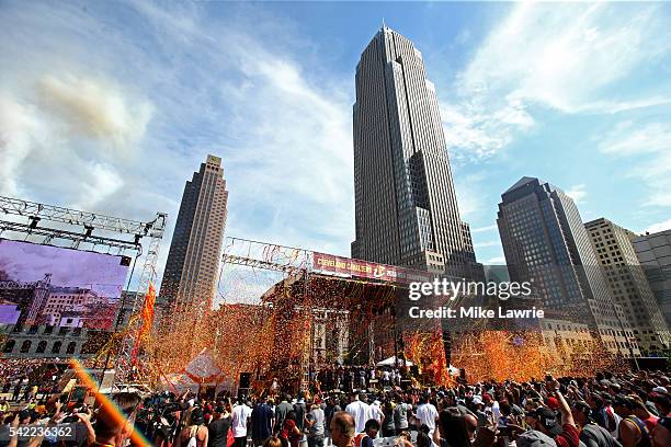 General view of the Cleveland skyline as the Cleveland Cavaliers hoist the Larry O'Brien Trophy during the Cleveland Cavaliers 2016 NBA Championship...