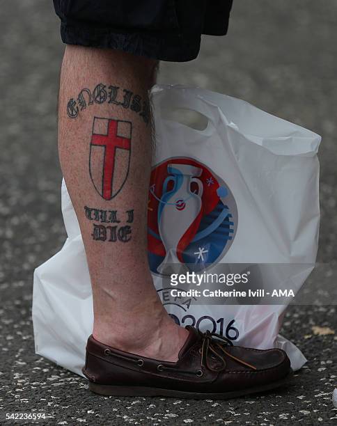 Fan with an England tattoo on his leg during the UEFA EURO 2016 Group B match between Slovakia v England at Stade Geoffroy-Guichard on June 20, 2016...