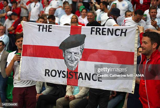 England fans hold up a flag with a picture of Roy Hodgson manager of England saying The French Roysistance during the UEFA EURO 2016 Group B match...